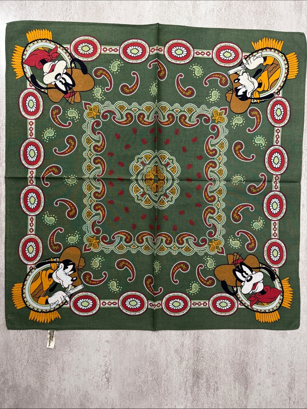 Disney Green Bandana Scarf with Red, Yellow and Brown Accents featuring Goofy